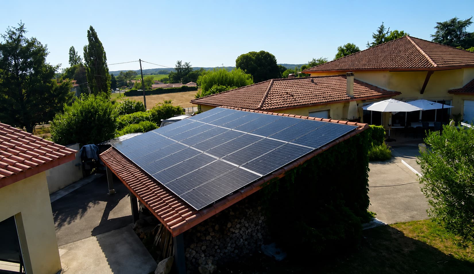 Champ de panneaux photovoltaïques posé en surimposition sur une toiture en tuiles