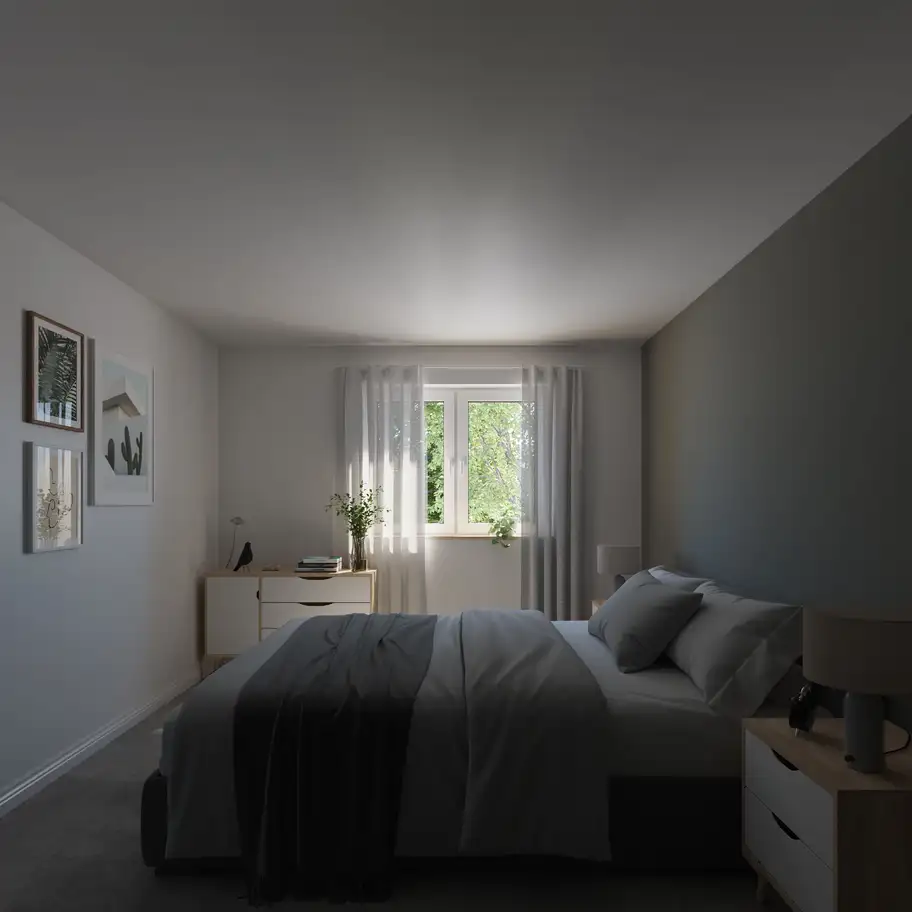 Chambre éclairée par une seule fenêtre verticale, plafond sombre